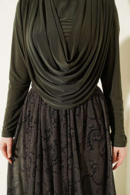 Dökümlü Yaka Desenli Etekli İkili Takım Haki - İkili Takım