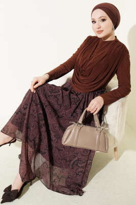 Dökümlü Yaka Desenli İkili Takım Kahve - HBS