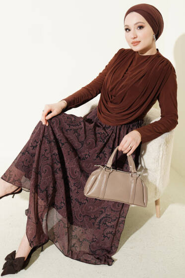 Dökümlü Yaka Desenli İkili Takım Kahve - İkili Takım