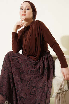 Dökümlü Yaka Desenli İkili Takım Kahve - İkili Takım