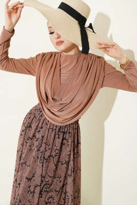 Dökümlü Yaka Desenli İkili Takım Latte - HBS