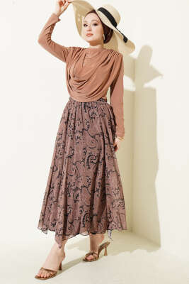 Dökümlü Yaka Desenli İkili Takım Latte - İkili Takım