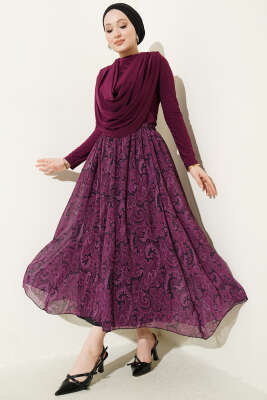 Dökümlü Yaka Desenli İkili Takım Mürdüm - HBS