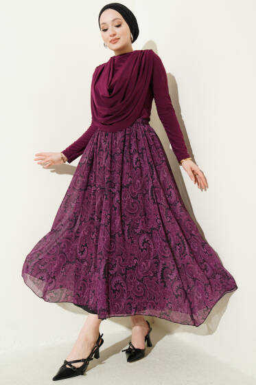 Dökümlü Yaka Desenli İkili Takım Mürdüm - İkili Takım