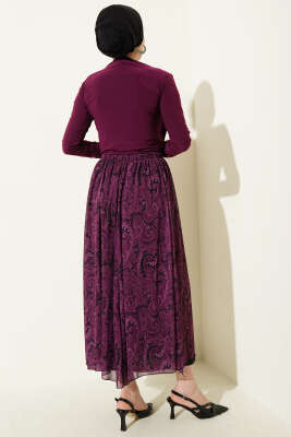 Dökümlü Yaka Desenli İkili Takım Mürdüm - İkili Takım