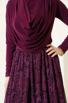 Dökümlü Yaka Desenli İkili Takım Mürdüm - İkili Takım