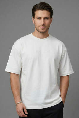 Don't Look Back Baskılı Oversize Erkek T-shirt Ekru 