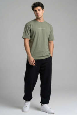 Don't Look Back Baskılı Oversize Erkek T-shirt Haki - Erkek T-shirt