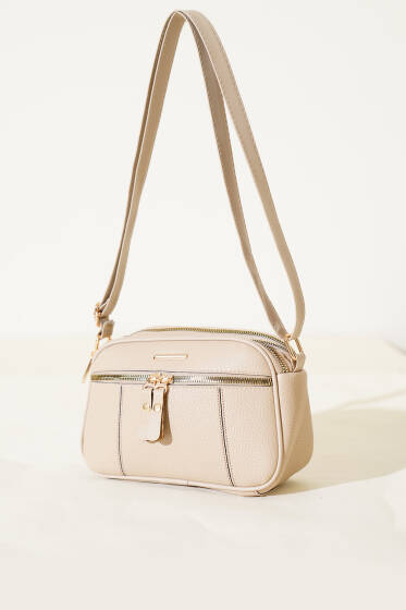 Dört Bölmeli Fermuarlı Çanta Bej - Kol Çantası