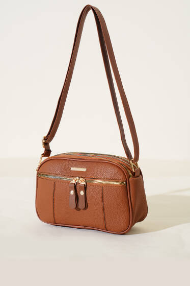 Dört Bölmeli Fermuarlı Çanta Taba - Kol Çantası