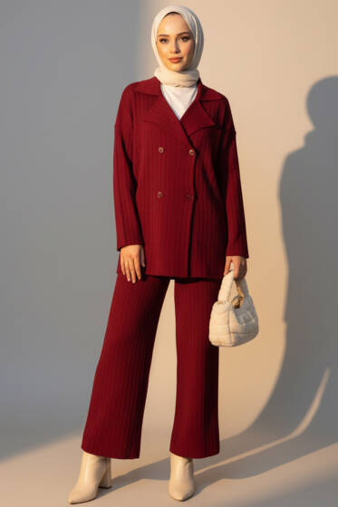 Dört Düğme Detaylı Triko İkili Takım Bordo - İkili Takım