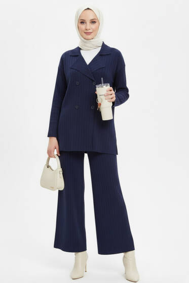 Dört Düğme Detaylı Triko İkili Takım Lacivert - İkili Takım