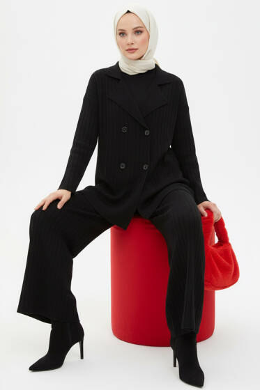 Dört Düğme Detaylı Triko İkili Takım Siyah - İkili Takım