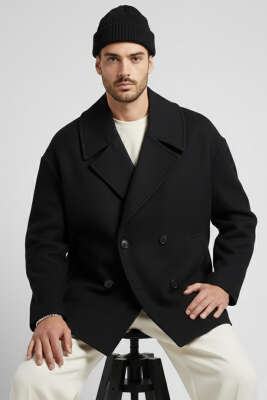 Dört Düğmeli Erkek Kaşe Kaban Siyah - VAMOS