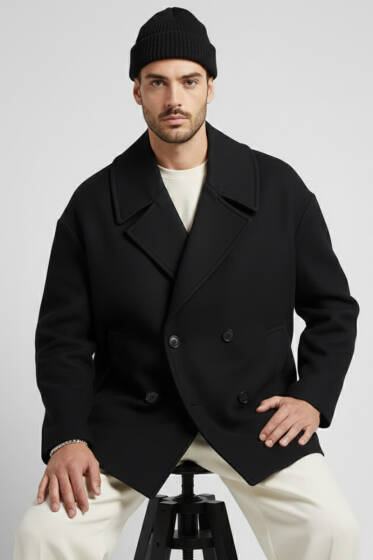 Dört Düğmeli Erkek Kaşe Kaban Siyah - Erkek Kaban