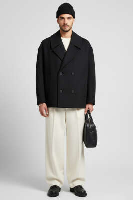 Dört Düğmeli Erkek Kaşe Kaban Siyah - Erkek Kaban