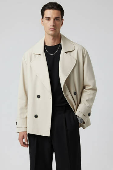 Dört Düğmeli Erkek Trençkot Taş - Erkek Trençkot