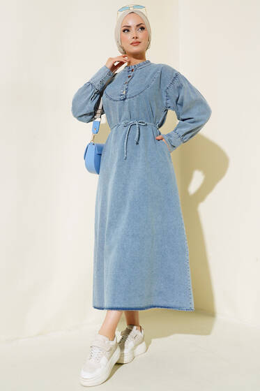 Dört Düğmeli Kot Elbise Kot Mavisi - Tesettür Elbise