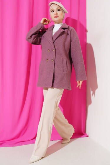 Dört Düğmeli Kruvaze Yaka Buklet Kaban Gül Kurusu - Kaban