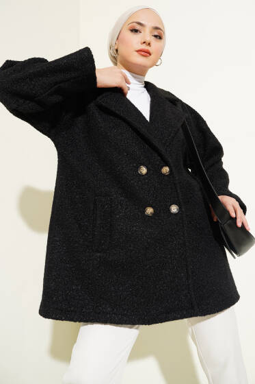 Dört Düğmeli Kruvaze Yaka Buklet Kaban Siyah - Kaban