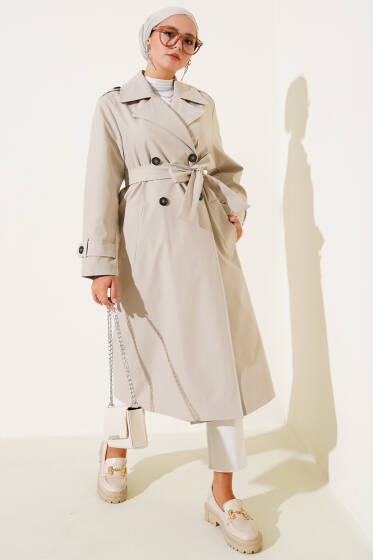 Dört Düğmeli Kruvaze Yaka Trençkot Bej - Trençkot