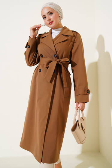 Dört Düğmeli Kruvaze Yaka Trençkot Taba - Trençkot