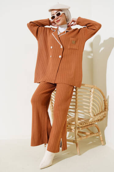 Dört Düğmeli Triko İkili Takım Camel - İkili Takım