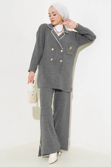 Dört Düğmeli Triko İkili Takım Füme - İkili Takım
