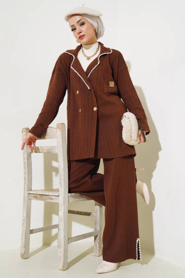 Dört Düğmeli Triko İkili Takım Kahve - İkili Takım