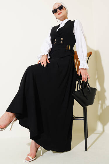 Dört Düğmeli Yelekli Etekli Takım Siyah - İkili Takım