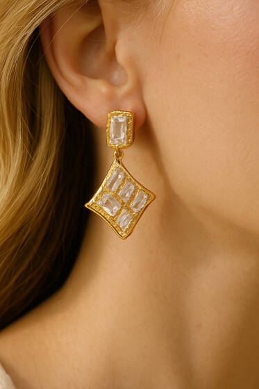 Dörtgen Baget Taşlı Küpe Gold - Küpe