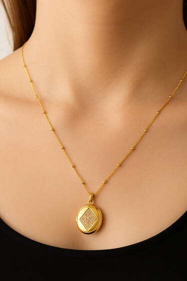 Dörtgen Taşlı Açılır Kolye Gold - Kolye