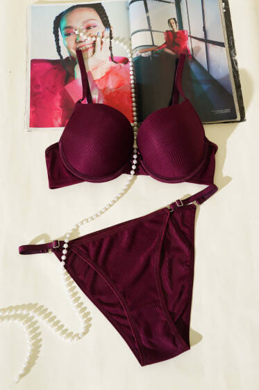 Double Push Up Fitilli Sütyen Takım Mürdüm - Yılın Fırsatı