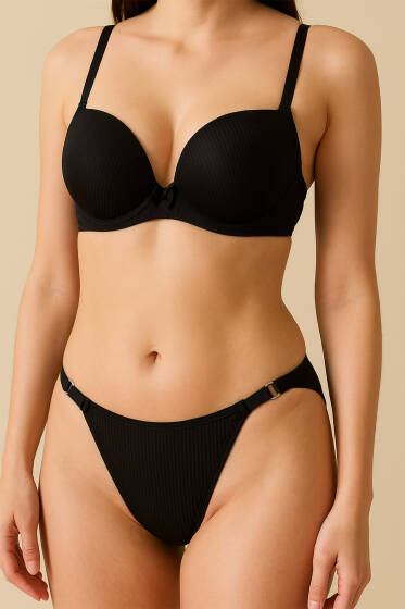 Double Push Up Fitilli Sütyen Takım Siyah - Destekli Sütyen Takım