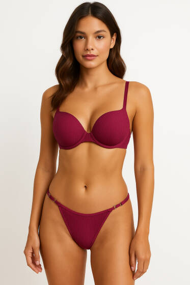 Double Push Up Fitilli Sütyen Takım Vişne - Destekli Sütyen Takım