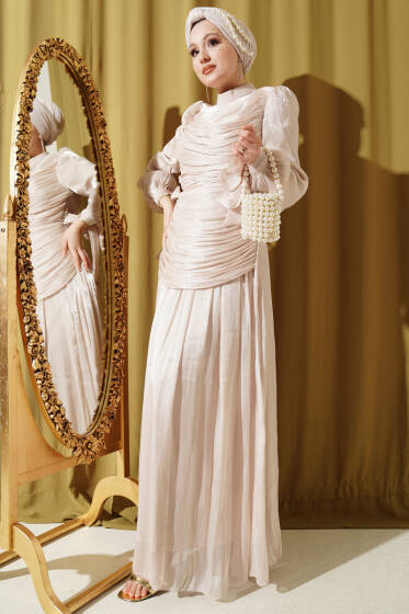 Drapeli Kol Ucu Bağlamalı Abiye Elbise Bej - Elbise