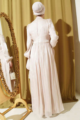 Drapeli Kol Ucu Bağlamalı Abiye Elbise Bej - Elbise