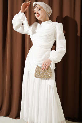 Drapeli Kol Ucu Bağlamalı Abiye Elbise Beyaz - BERAT TEKSTİL