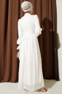 Drapeli Kol Ucu Bağlamalı Abiye Elbise Beyaz - Elbise