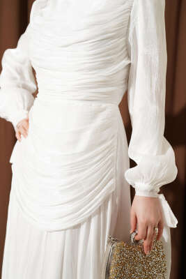 Drapeli Kol Ucu Bağlamalı Abiye Elbise Beyaz - Elbise