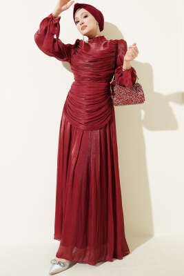 Drapeli Kol Ucu Bağlamalı Abiye Elbise Bordo - BERAT TEKSTİL