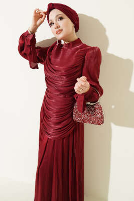Drapeli Kol Ucu Bağlamalı Abiye Elbise Bordo - Elbise