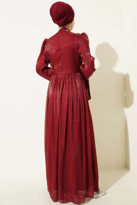 Drapeli Kol Ucu Bağlamalı Abiye Elbise Bordo - Elbise