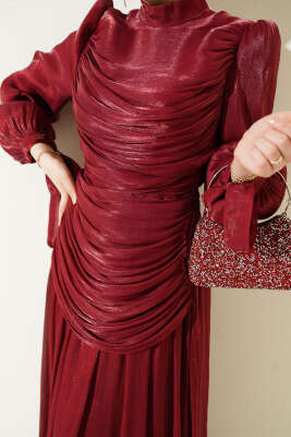 Drapeli Kol Ucu Bağlamalı Abiye Elbise Bordo - Elbise