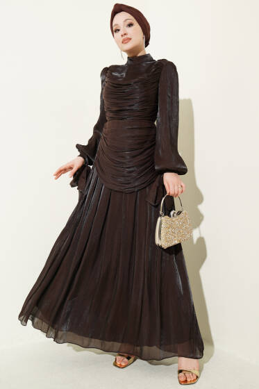 Drapeli Kol Ucu Bağlamalı Abiye Elbise Kahve - Elbise