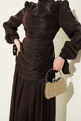 Drapeli Kol Ucu Bağlamalı Abiye Elbise Kahve - Elbise