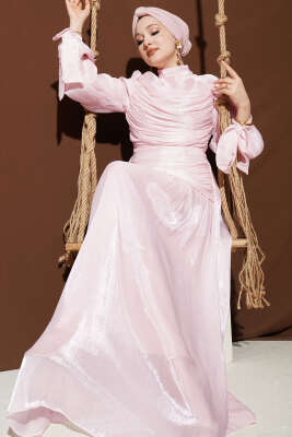 Drapeli Kol Ucu Bağlamalı Abiye Elbise Pembe - BERAT TEKSTİL