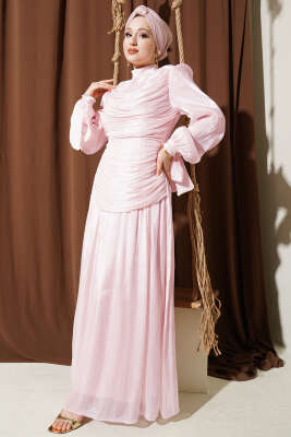 Drapeli Kol Ucu Bağlamalı Abiye Elbise Pembe - Elbise