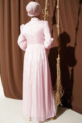 Drapeli Kol Ucu Bağlamalı Abiye Elbise Pembe - Elbise