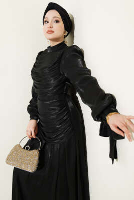 Drapeli Kol Ucu Bağlamalı Abiye Elbise Siyah - BERAT TEKSTİL